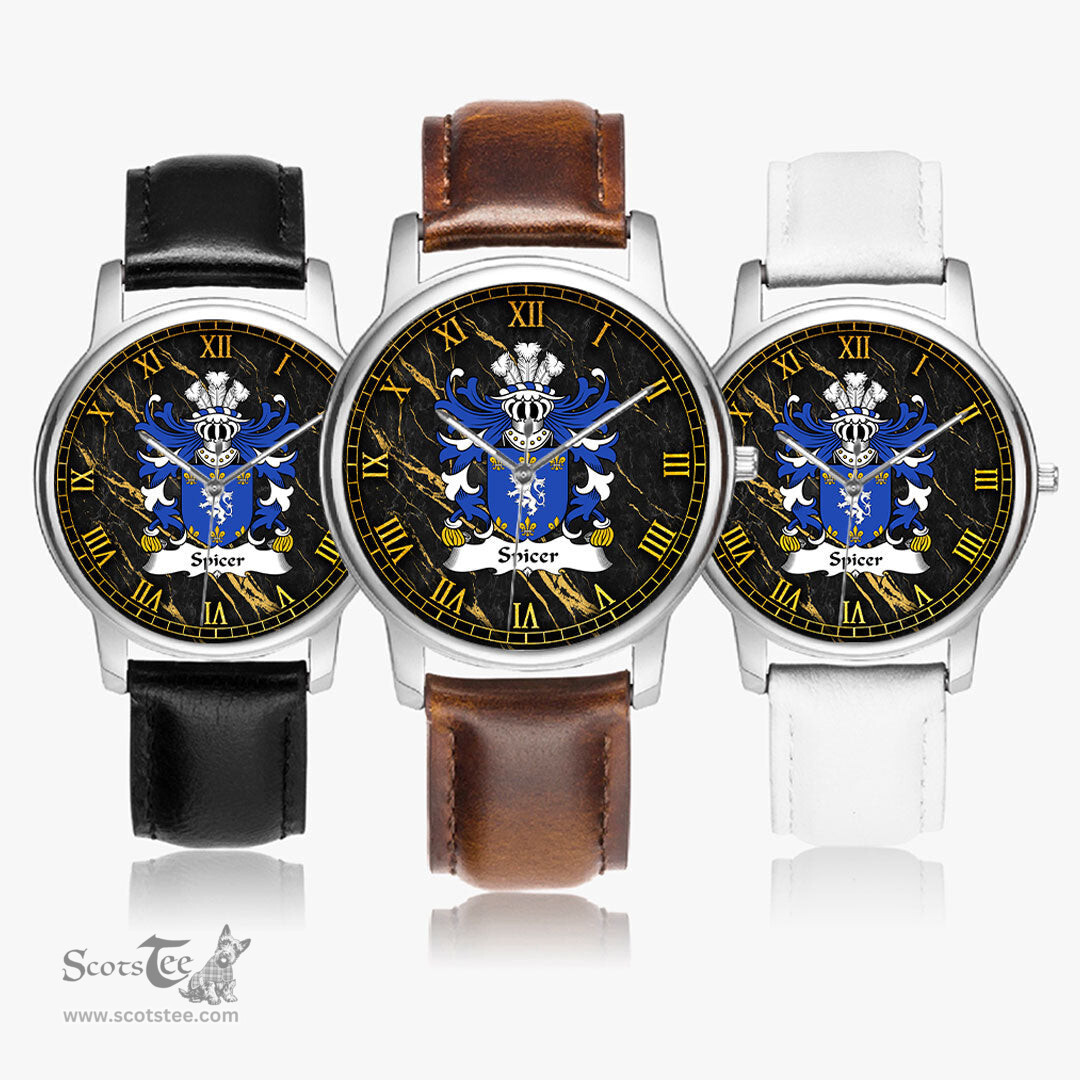 ScotsTee Shop Welsh Spicer of Caernarfonshire Coat of Arms Family Crest Wales Watch Leather Strap Classic Quartz Watch