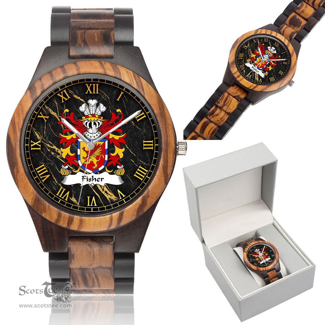ScotsTee Shop Welsh Fisher of Carmarthenshire Coat of Arms Family Crest Wales Indian Ebony Wooden Watch