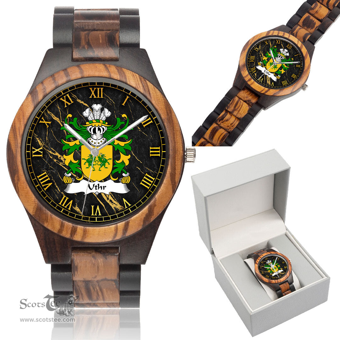 ScotsTee Shop Welsh Uthr PENDRAGON Father of King Arhtur Coat of Arms Family Crest Wales Indian Ebony Wooden Watch