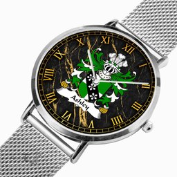 ScotsTee Shop Welsh Ashley Caernarfon Coat of Arms Family Crest Wales Watch Ultra-thin Stainless Steel Quartz Watch