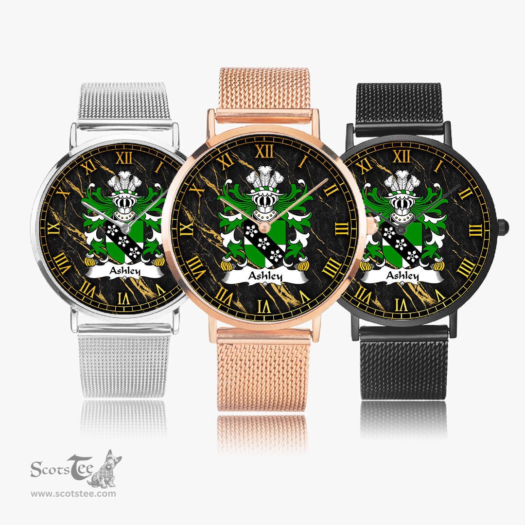 ScotsTee Shop Welsh Ashley Caernarfon Coat of Arms Family Crest Wales Watch Ultra-thin Stainless Steel Quartz Watch