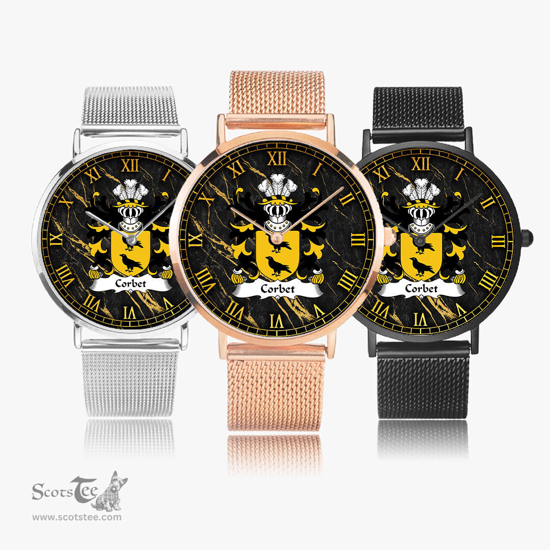 ScotsTee Shop Welsh Corbet of Cawrse Montgomeryshire Coat of Arms Family Crest Wales Watch Ultra-thin Stainless Steel Quartz Watch