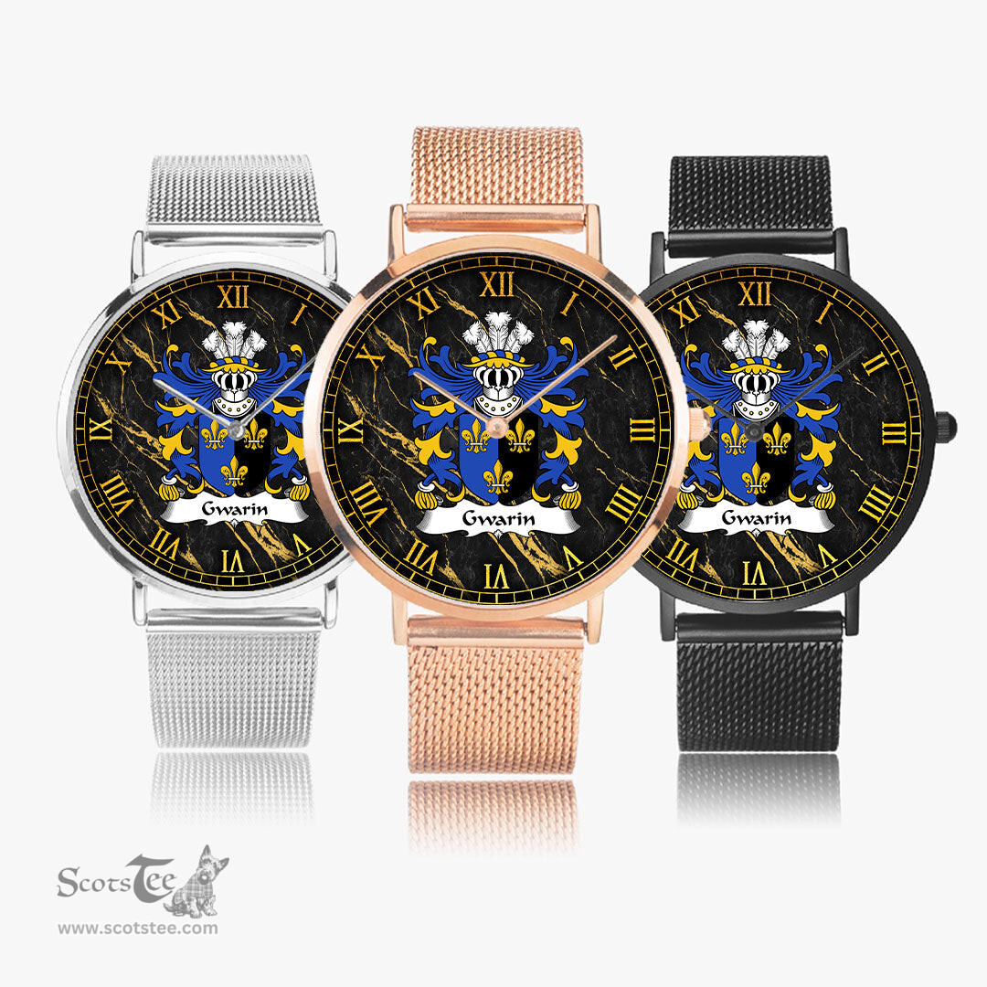 ScotsTee Shop Welsh Gwarin DDU Monmouthshire Coat of Arms Family Crest Wales Watch Ultra-thin Stainless Steel Quartz Watch