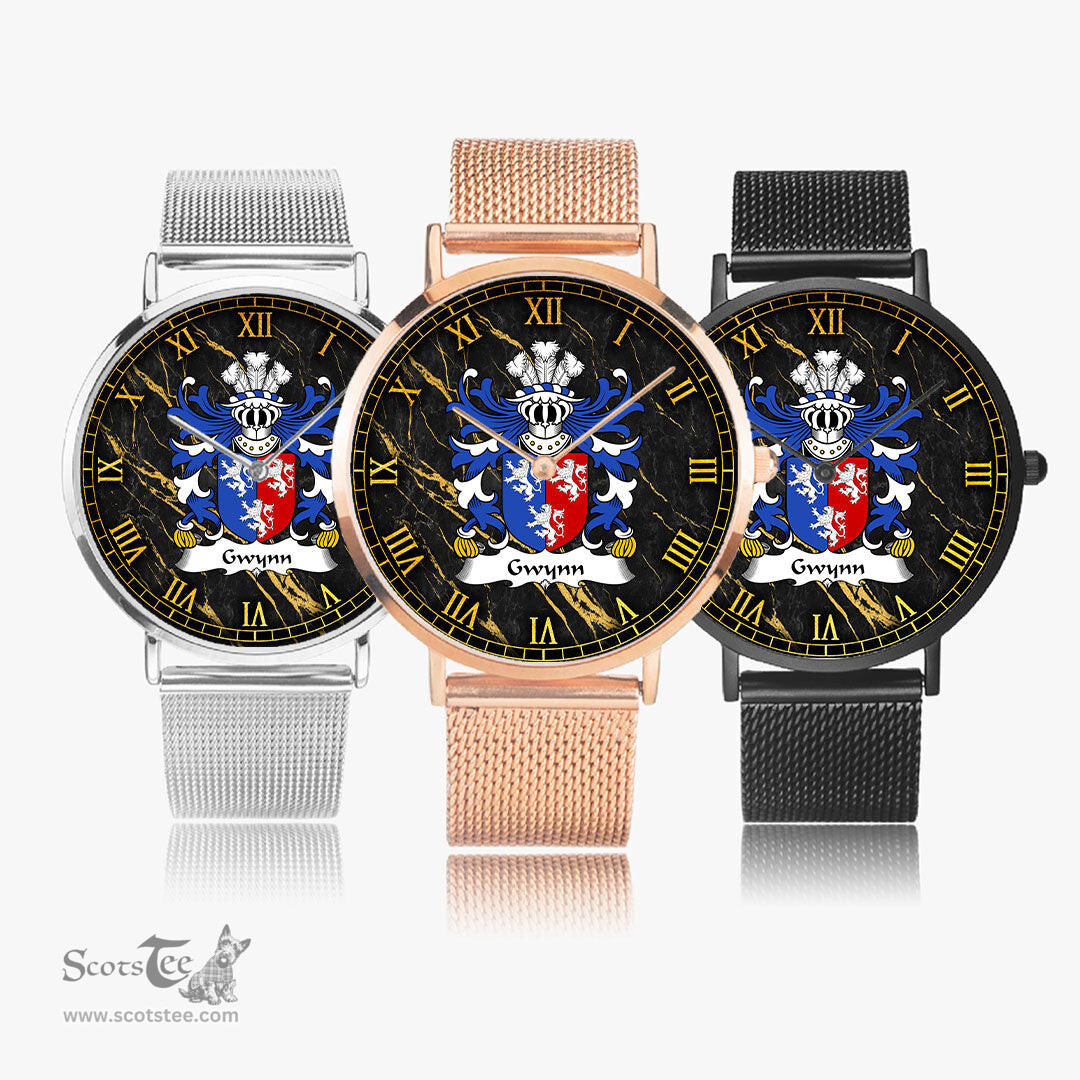 ScotsTee Shop Welsh Gwynn of Glamorganshire Coat of Arms Family Crest Wales Watch Ultra-thin Stainless Steel Quartz Watch