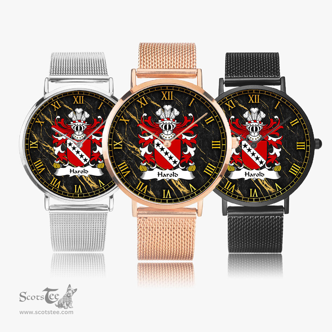 ScotsTee Shop Welsh Harold of Haroldston Pembrokeshire Coat of Arms Family Crest Wales Watch Ultra-thin Stainless Steel Quartz Watch