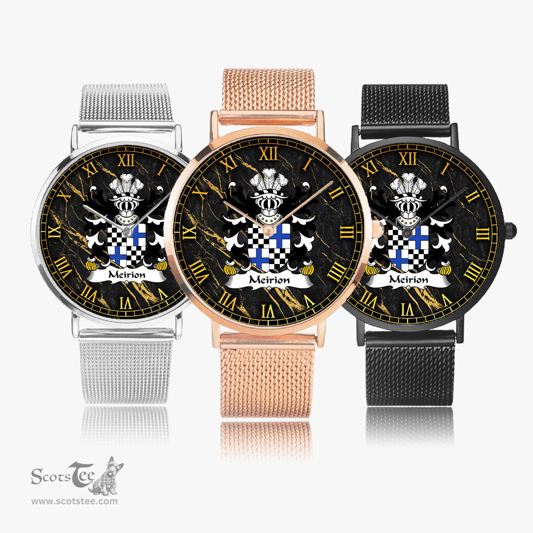 ScotsTee Shop Welsh Meirion MEIRIONNYDD Coat of Arms Family Crest Wales Watch Ultra-thin Stainless Steel Quartz Watch