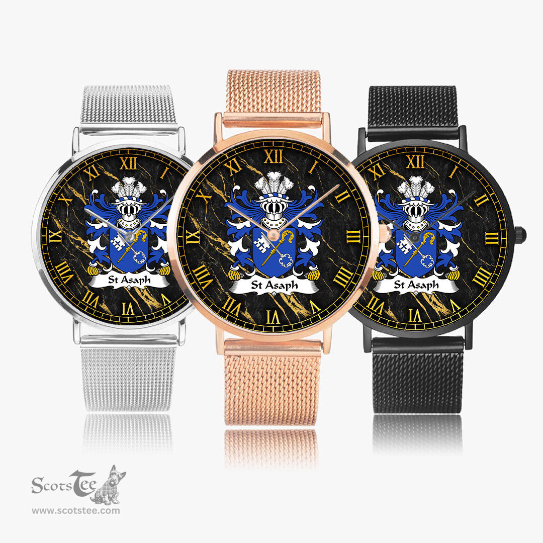 ScotsTee Shop Welsh St Asaph Llanelwy Diocese of Coat of Arms Family Crest Wales Watch Ultra-thin Stainless Steel Quartz Watch