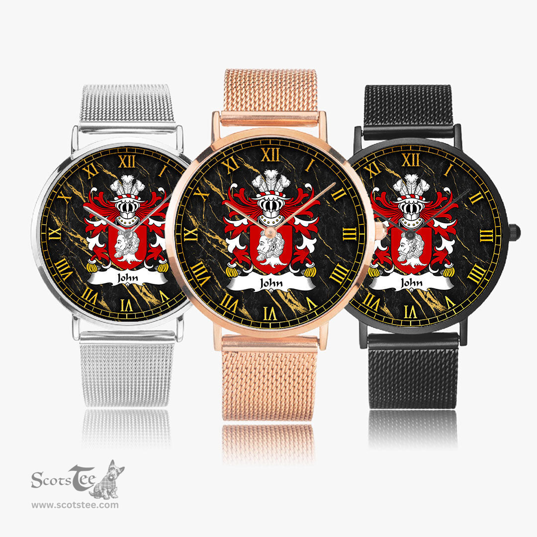 ScotsTee Shop Welsh John AP GWILYM AP RHYS Coat of Arms Family Crest Wales Watch Ultra-thin Stainless Steel Quartz Watch