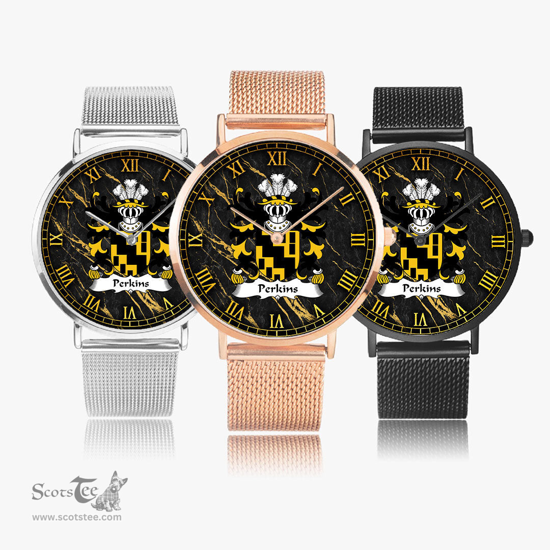 ScotsTee Shop Welsh Perkins of Pilston Monmouthshire Coat of Arms Family Crest Wales Watch Ultra-thin Stainless Steel Quartz Watch