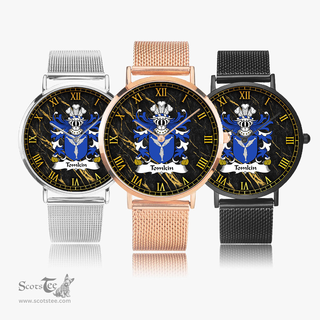 ScotsTee Shop Welsh Tomkin of Shocklach Cheshire Coat of Arms Family Crest Wales Watch Ultra-thin Stainless Steel Quartz Watch