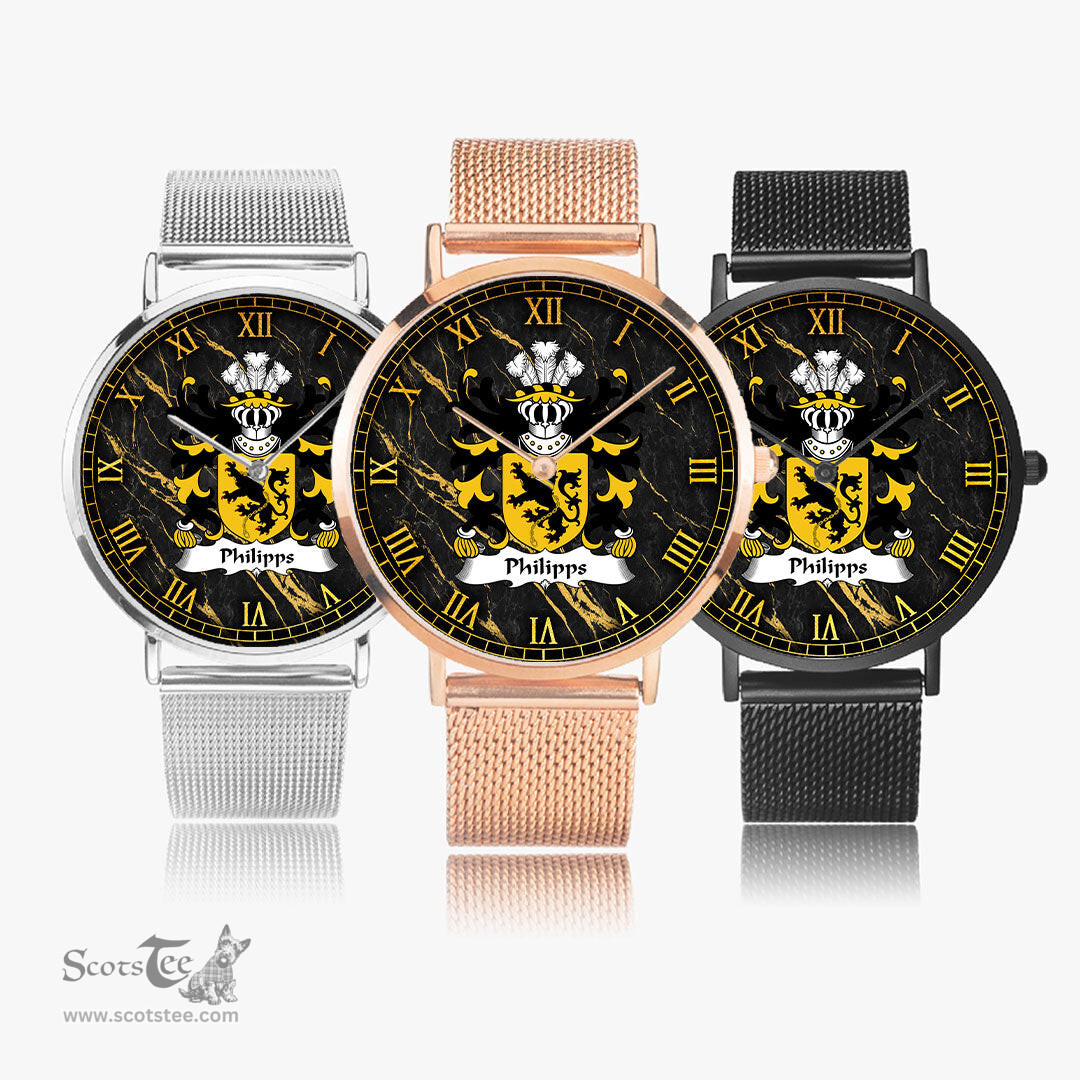 ScotsTee Shop Welsh Philipps of Picton Carmenthenshire Coat of Arms Family Crest Wales Watch Ultra-thin Stainless Steel Quartz Watch