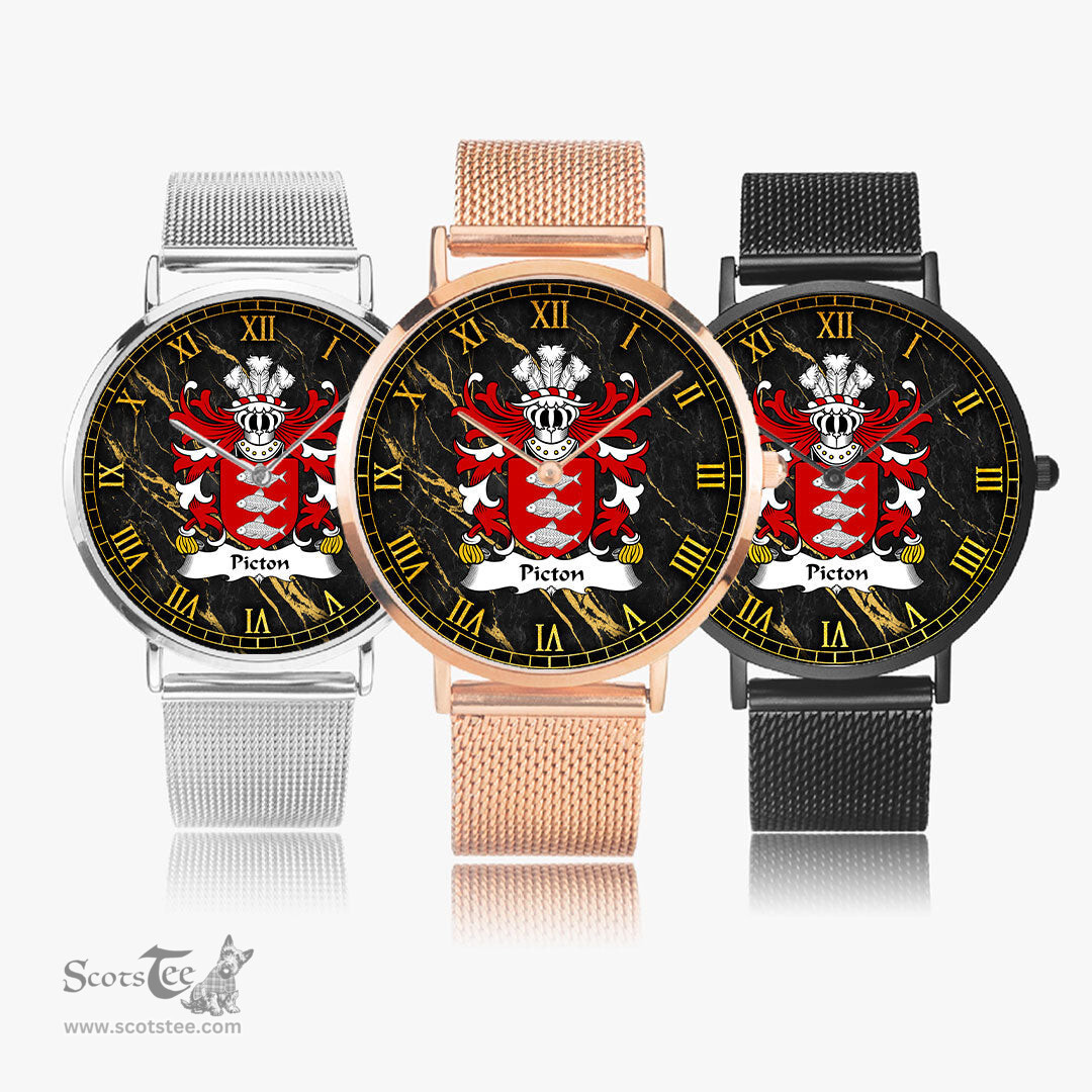 ScotsTee Shop Welsh Picton of Pembrokeshire Coat of Arms Family Crest Wales Watch Ultra-thin Stainless Steel Quartz Watch