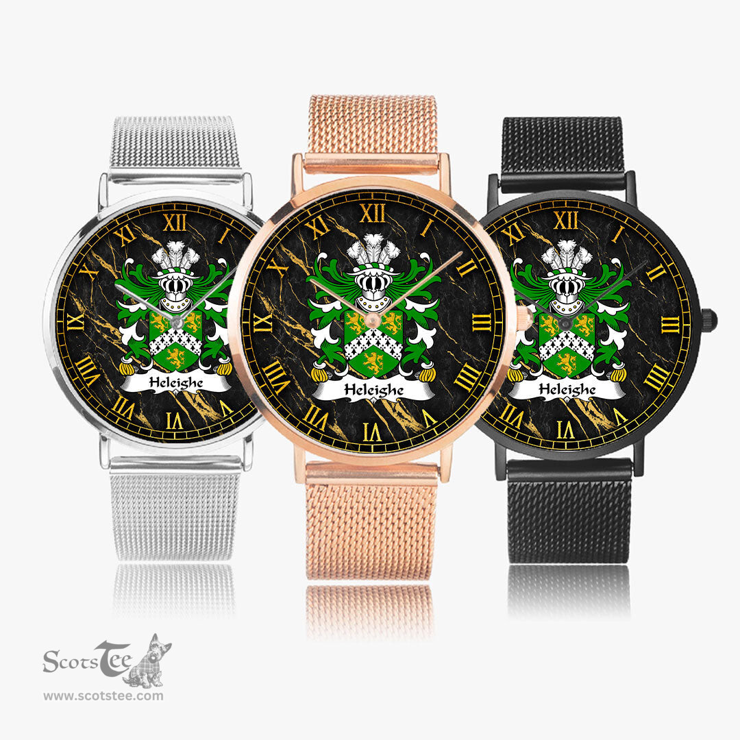 ScotsTee Shop Welsh Heleighe Helegh Heley of Flint Coat of Arms Family Crest Wales Watch Ultra-thin Stainless Steel Quartz Watch