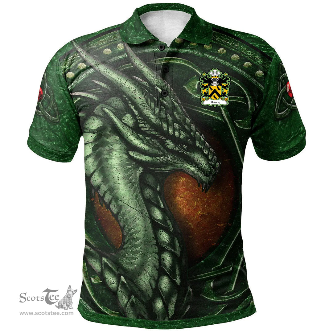 ScotsTee Shop Welsh Harry AP THOMAS Coat of Arms Family Crest Wales Polo Shirt Celtic Dragon With Celtic Knot Green Polo Shirt