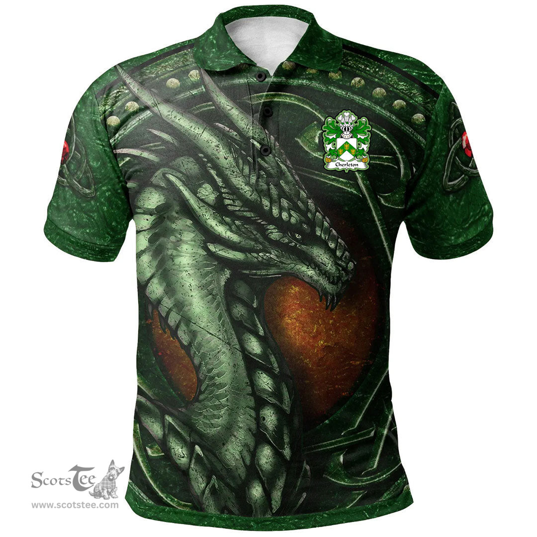 ScotsTee Shop Welsh Cherleton or Charlton Lords of Powys Coat of Arms Family Crest Wales Polo Shirt Celtic Dragon With Celtic Knot Green Polo Shirt