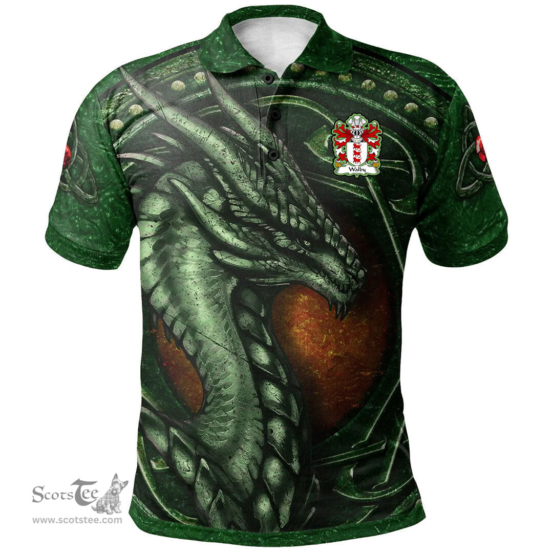 ScotsTee Shop Welsh Walby of Breconshire Coat of Arms Family Crest Wales Polo Shirt Celtic Dragon With Celtic Knot Green Polo Shirt