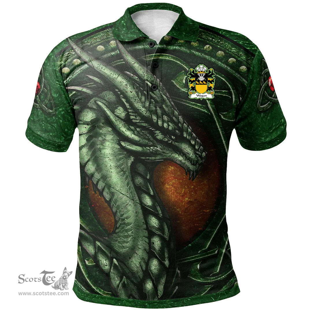 ScotsTee Shop Welsh Wogan of Pembrokeshire Coat of Arms Family Crest Wales Polo Shirt Celtic Dragon With Celtic Knot Green Polo Shirt