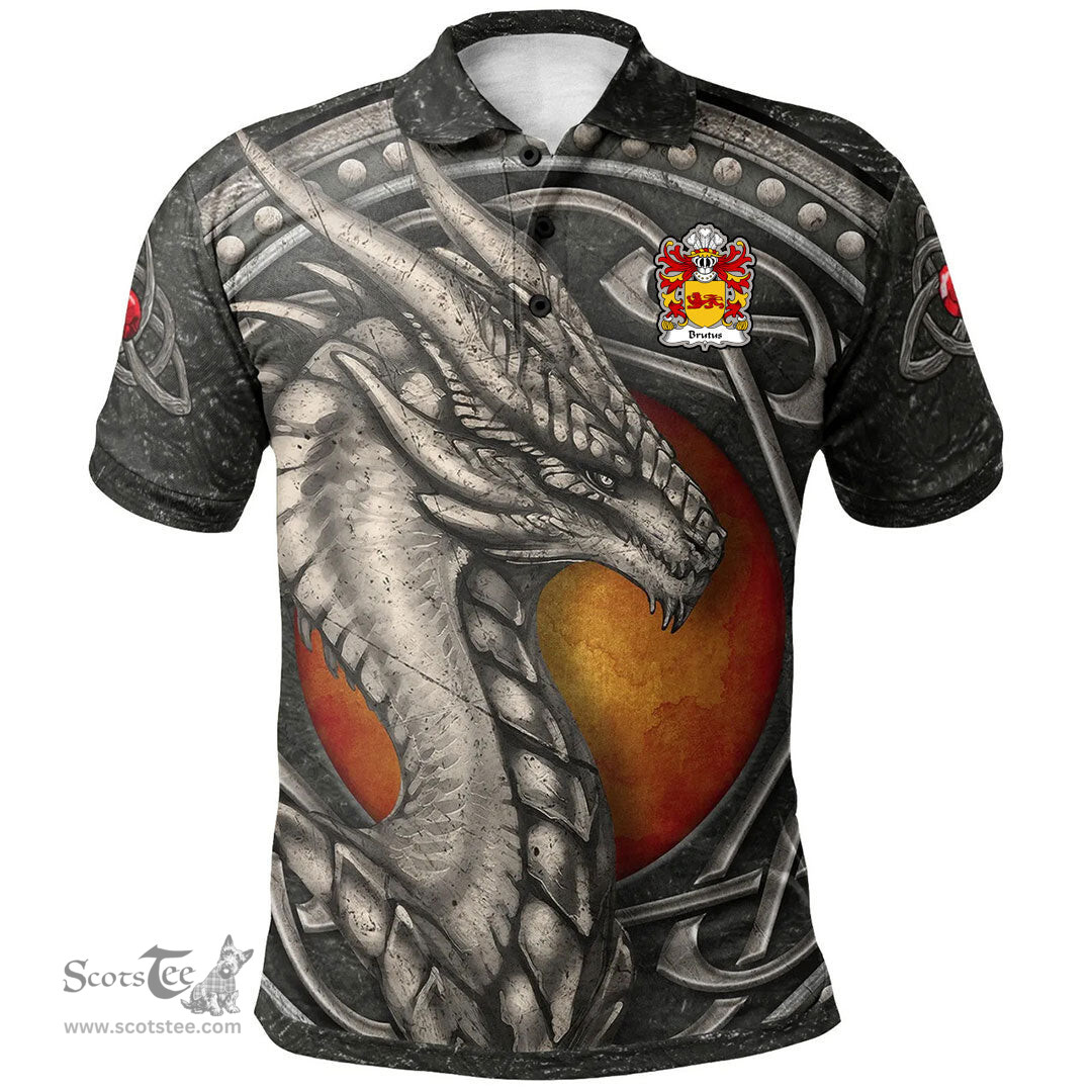 ScotsTee Shop Welsh Brutus AP JULIUS AB ASCANIUS Coat of Arms Family Crest Wales Polo Shirt Celtic Dragon With Celtic Knot Polo Shirt