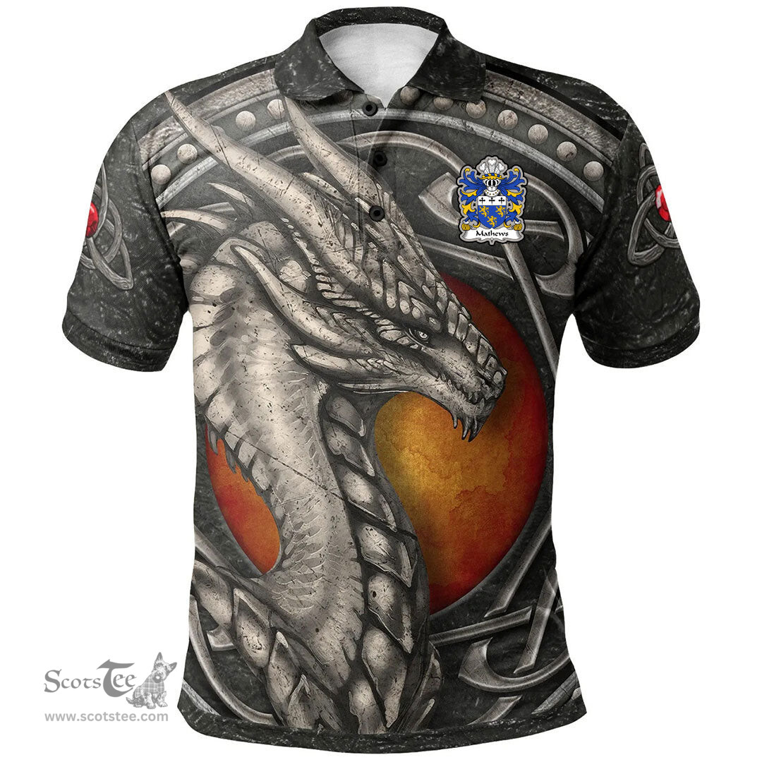 ScotsTee Shop Welsh Mathews of Blodwel Llanyblodwel Shropshire Coat of Arms Family Crest Wales Polo Shirt Celtic Dragon With Celtic Knot Polo Shirt