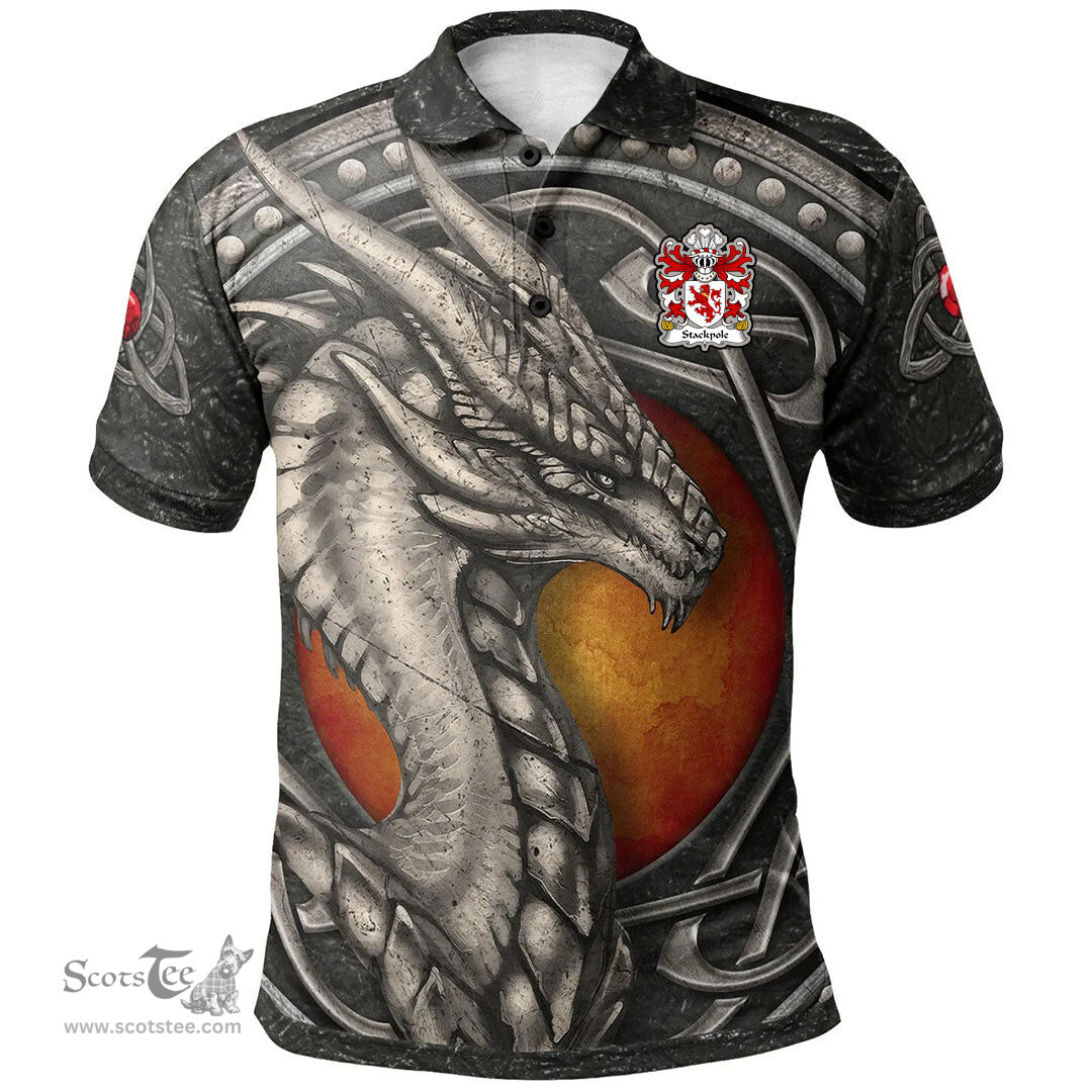 ScotsTee Shop Welsh Stackpole of Pembrokeshire Coat of Arms Family Crest Wales Polo Shirt Celtic Dragon With Celtic Knot Polo Shirt