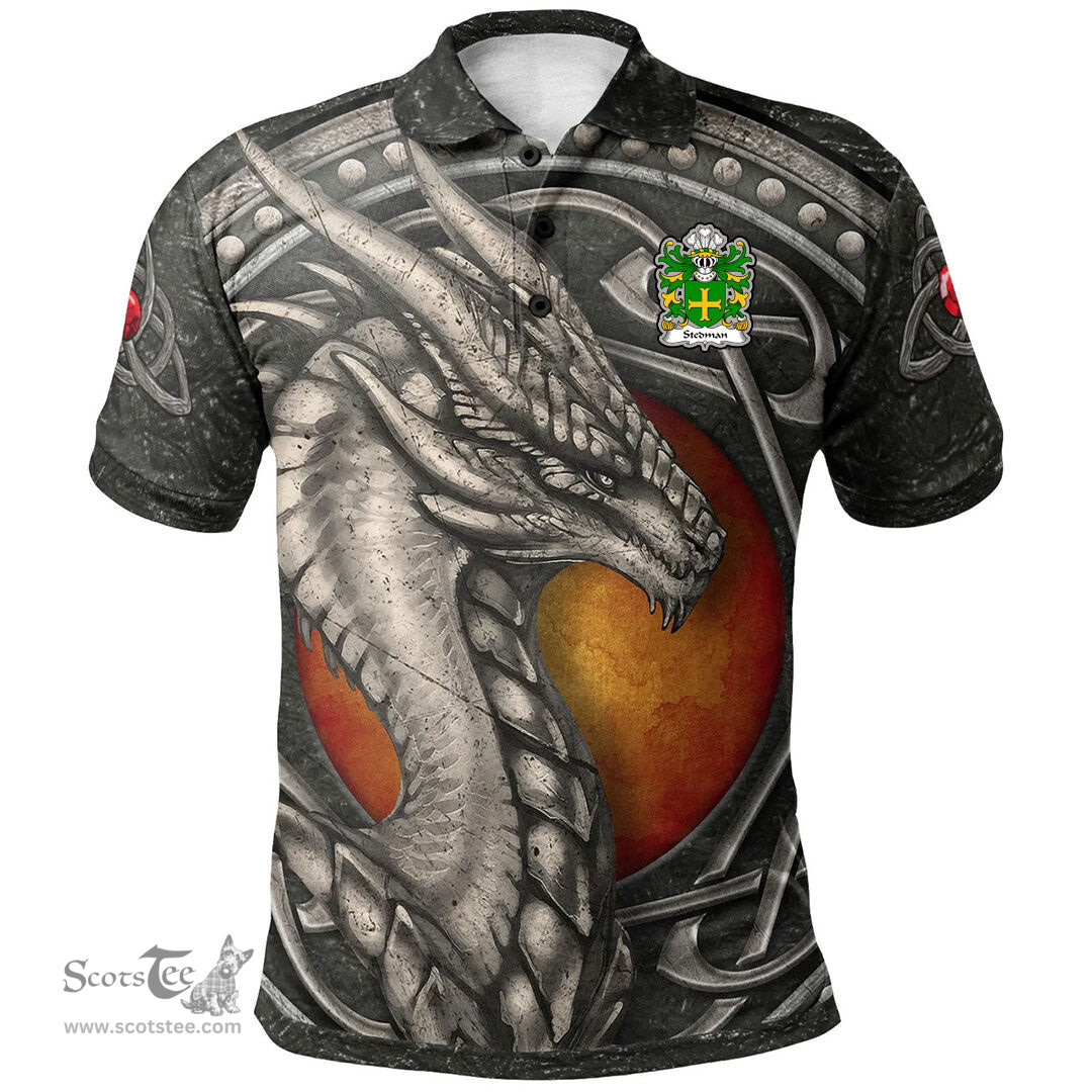 ScotsTee Shop Welsh Stedman of Cardiganshire Coat of Arms Family Crest Wales Polo Shirt Celtic Dragon With Celtic Knot Polo Shirt