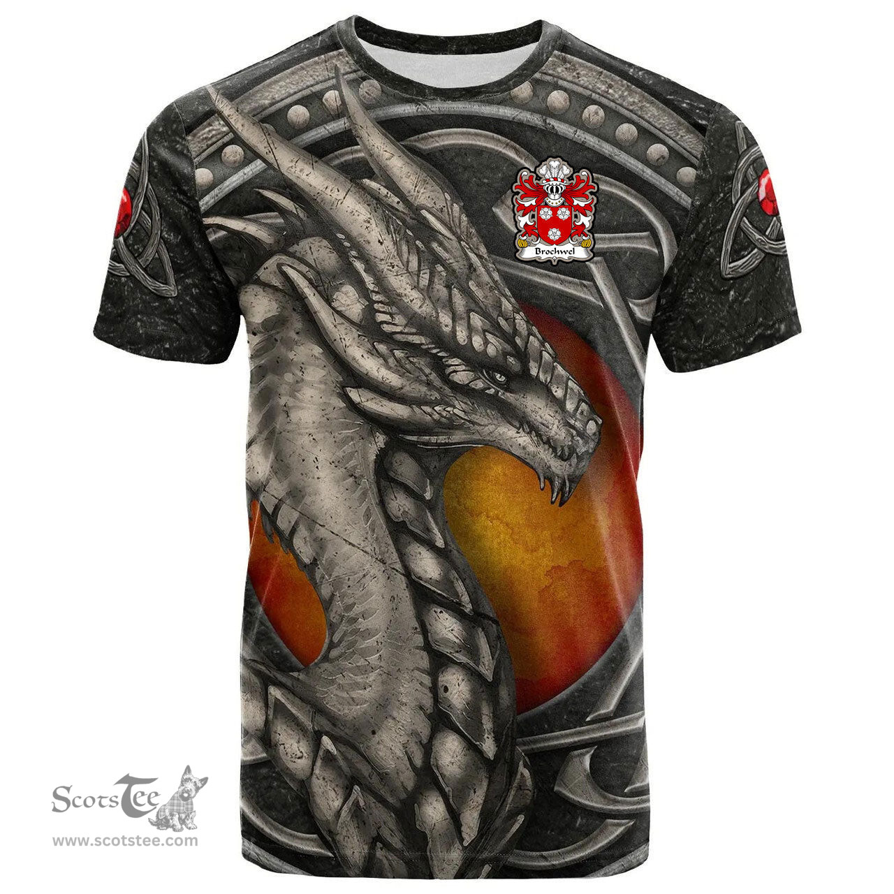 ScotsTee Shop Welsh Brochwel AP MOELYN Coat of Arms Family Crest Wales T Shirt Celtic Dragon With Celtic Knot T Shirt