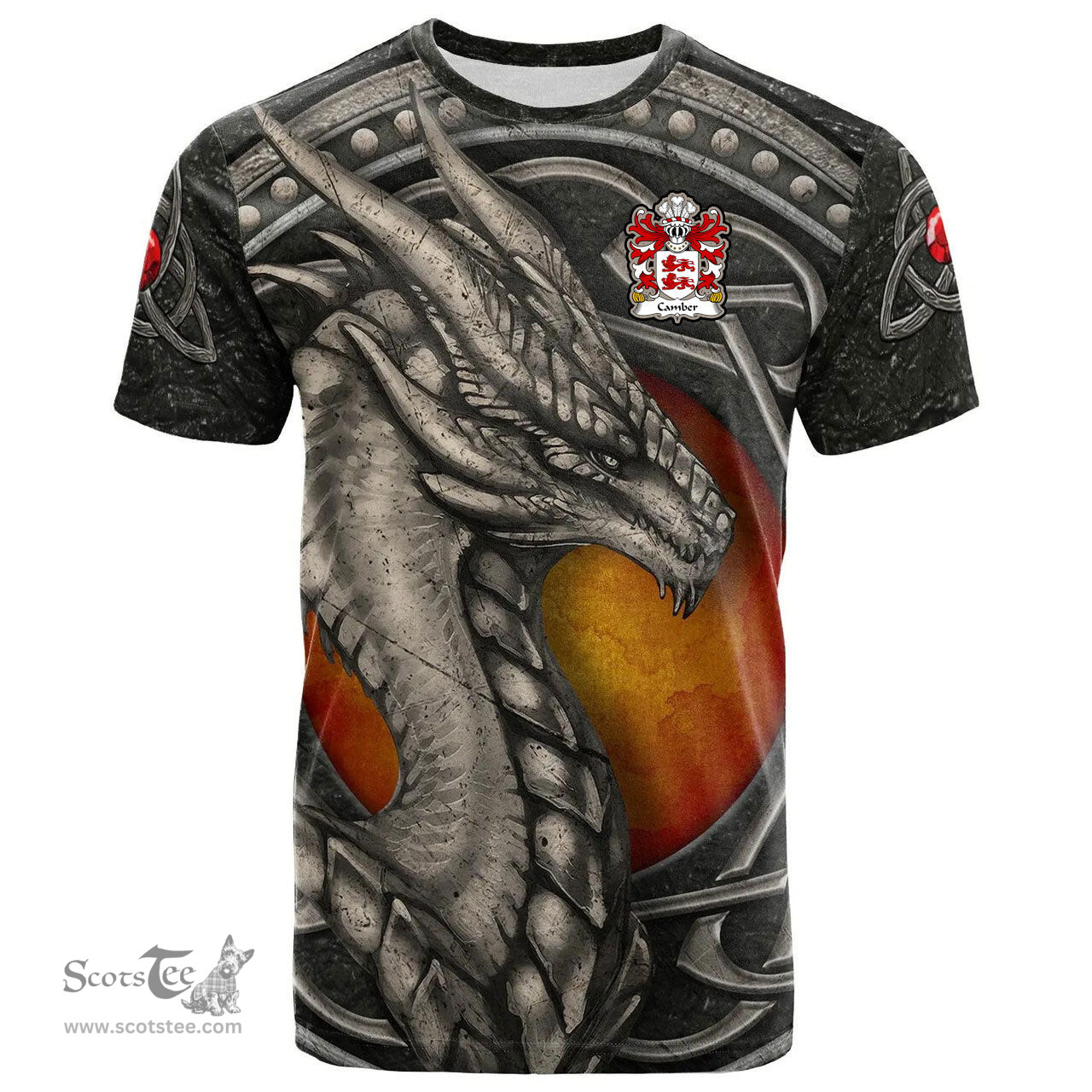 ScotsTee Shop Welsh Camber AP BRUTUS Coat of Arms Family Crest Wales T Shirt Celtic Dragon With Celtic Knot T Shirt