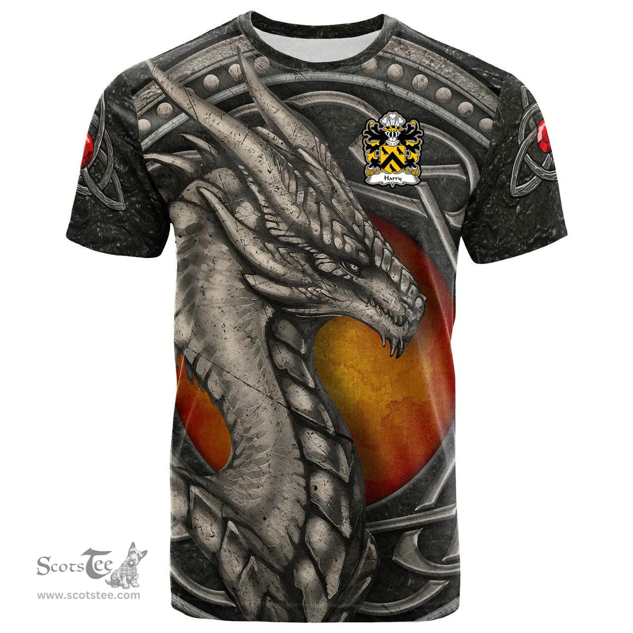 ScotsTee Shop Welsh Harry AP THOMAS Coat of Arms Family Crest Wales T Shirt Celtic Dragon With Celtic Knot T Shirt