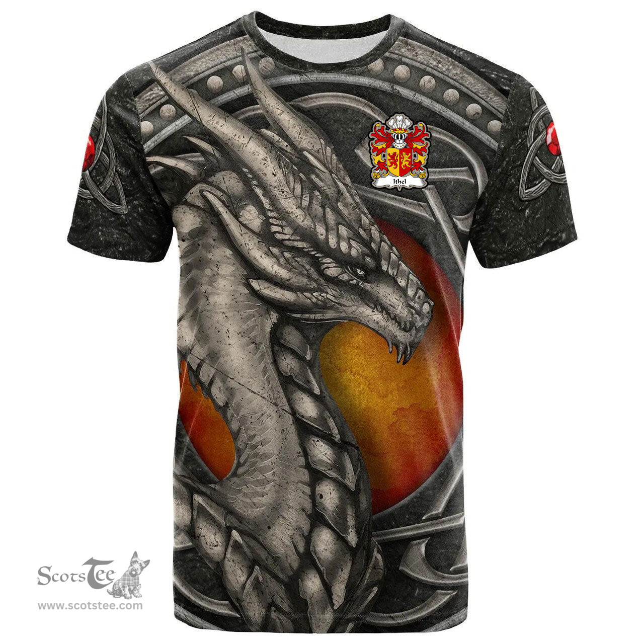 ScotsTee Shop Welsh Ithel ANWYL Ap Bleddyn Coat of Arms Family Crest Wales T Shirt Celtic Dragon With Celtic Knot T Shirt