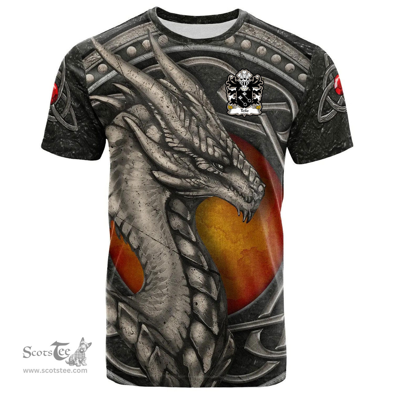 ScotsTee Shop Welsh Teilo SANT St. Teilo Coat of Arms Family Crest Wales T Shirt Celtic Dragon With Celtic Knot T Shirt