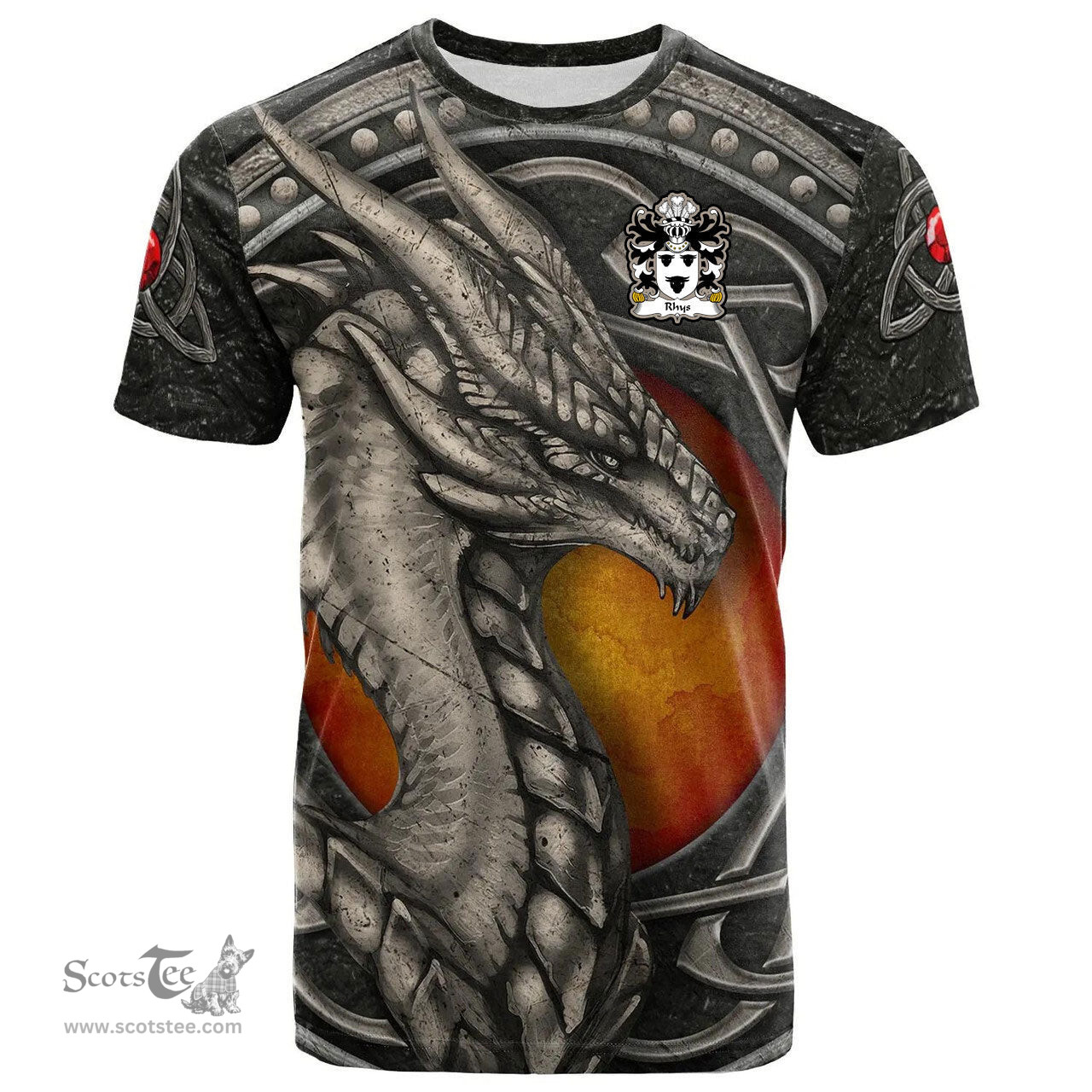 ScotsTee Shop Welsh Rhys AP BELDRI AP CYDIFOR FAWR Coat of Arms Family Crest Wales T Shirt Celtic Dragon With Celtic Knot T Shirt