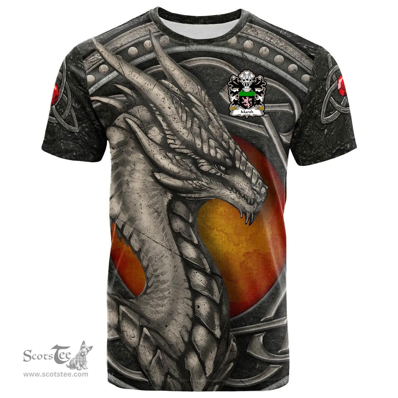 ScotsTee Shop Welsh Marsh of Flint Coat of Arms Family Crest Wales T Shirt Celtic Dragon With Celtic Knot T Shirt
