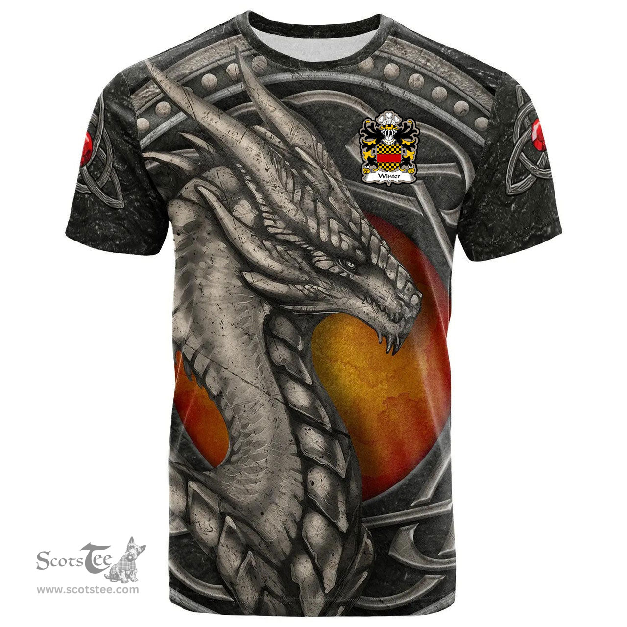 ScotsTee Shop Welsh Winter of Llan gain Carmenthenshire Coat of Arms Family Crest Wales T Shirt Celtic Dragon With Celtic Knot T Shirt