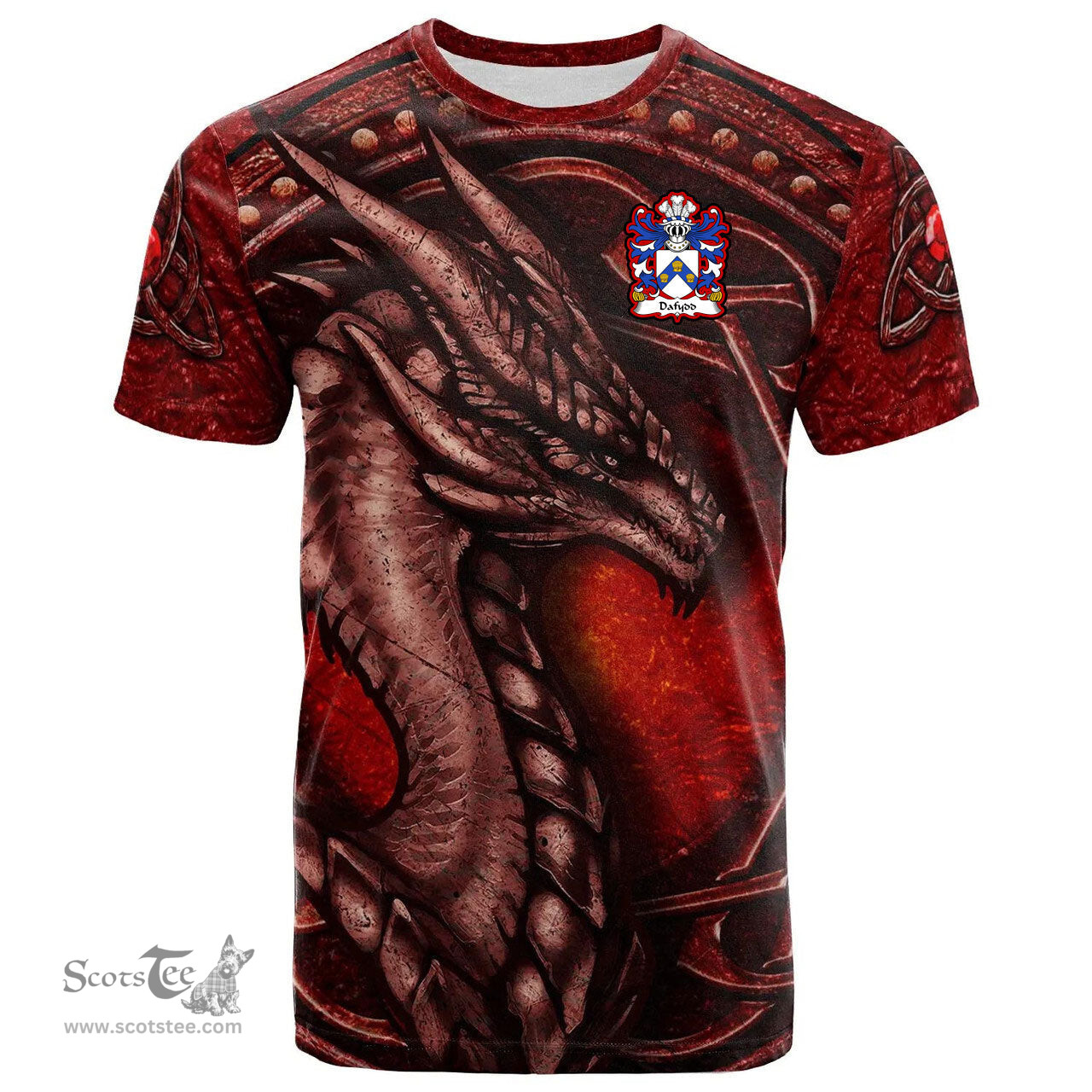 ScotsTee Shop Welsh Dafydd AP CARADOG Coat of Arms Family Crest Wales T Shirt Celtic Red Dragon T Shirt