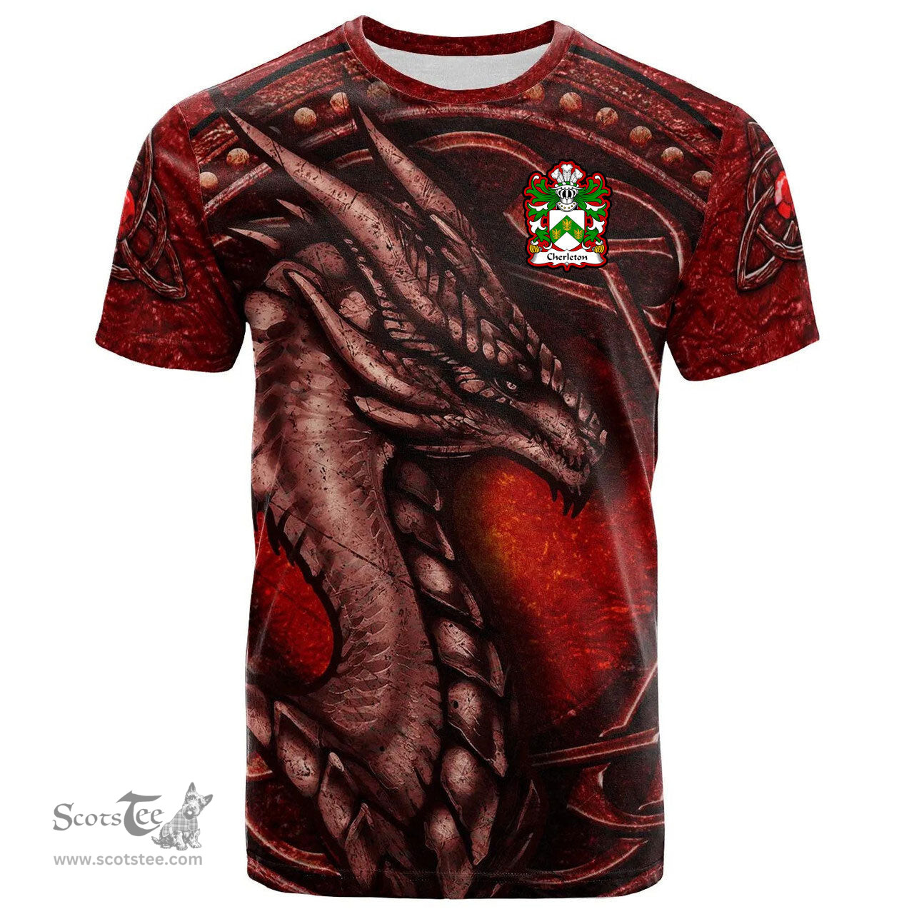 ScotsTee Shop Welsh Cherleton or Charlton Lords of Powys Coat of Arms Family Crest Wales T Shirt Celtic Red Dragon T Shirt