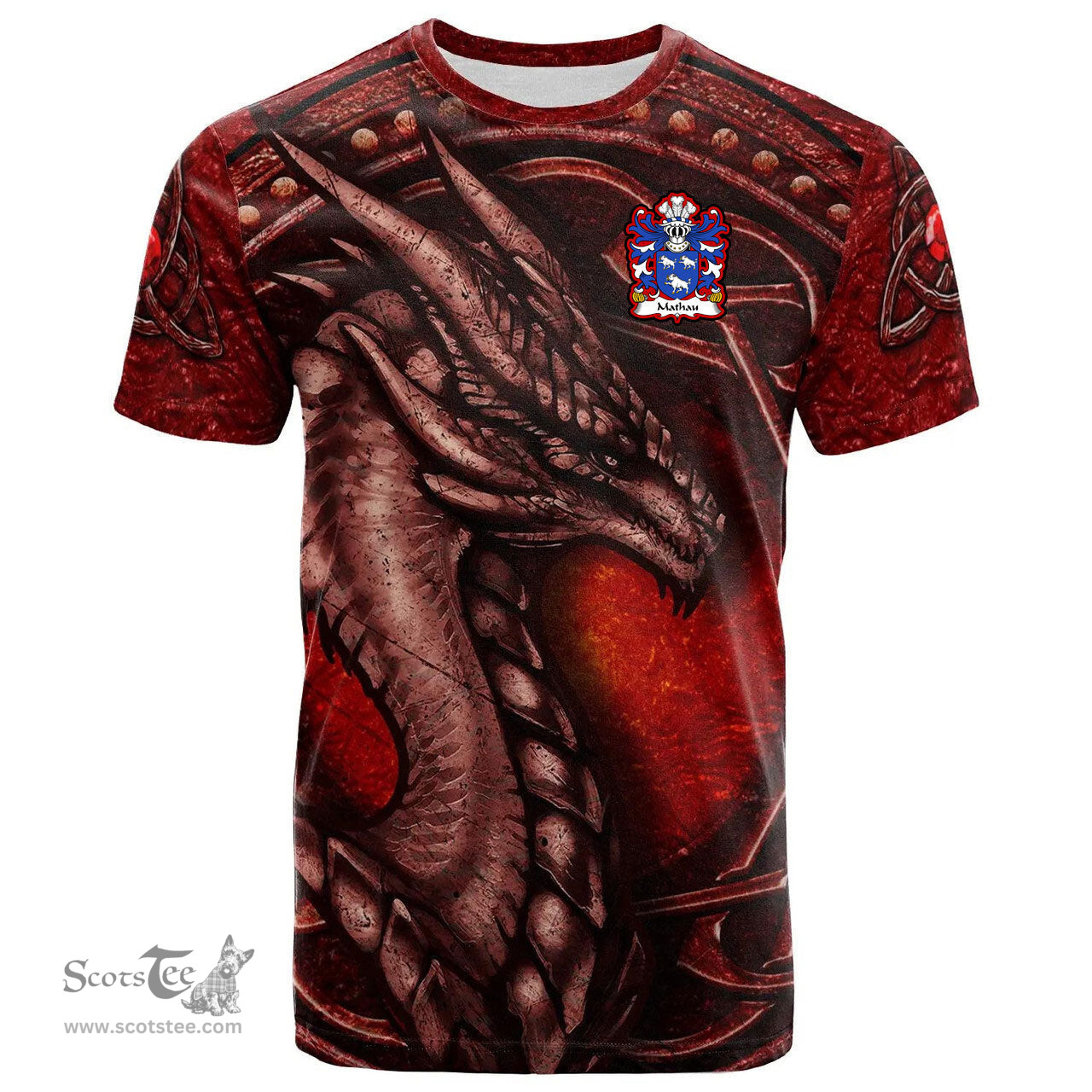 ScotsTee Shop Welsh Mathau or Mathew GOCH Coat of Arms Family Crest Wales T Shirt Celtic Red Dragon T Shirt