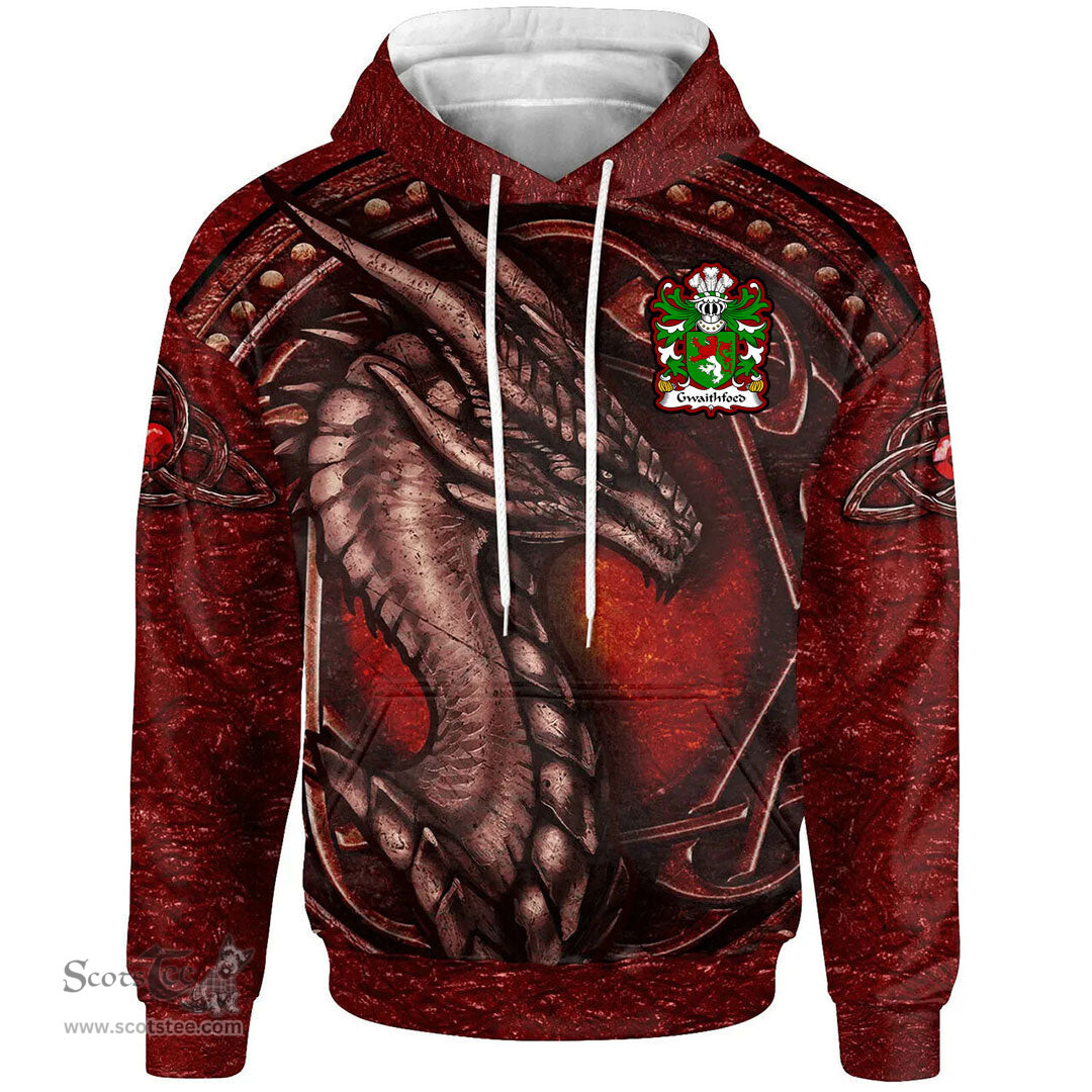 ScotsTee Shop Welsh Gwaithfoed of Powys Coat of Arms Family Crest Wales Hoodie Celtic Red Dragon With Celtic Knot Hoodie