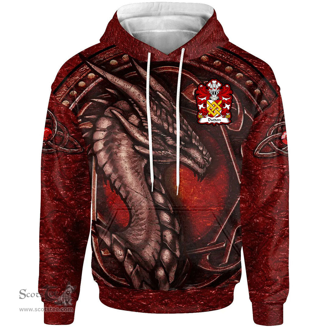 ScotsTee Shop Welsh Dutton of Dutton of Cheshire Coat of Arms Family Crest Wales Hoodie Celtic Red Dragon With Celtic Knot Hoodie