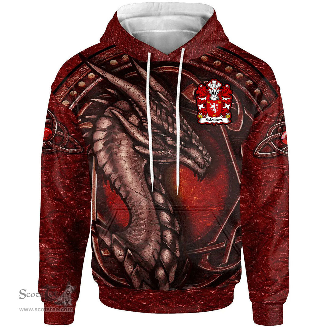 ScotsTee Shop Welsh Salesbury of Lleweni Denbighshire Coat of Arms Family Crest Wales Hoodie Celtic Red Dragon With Celtic Knot Hoodie