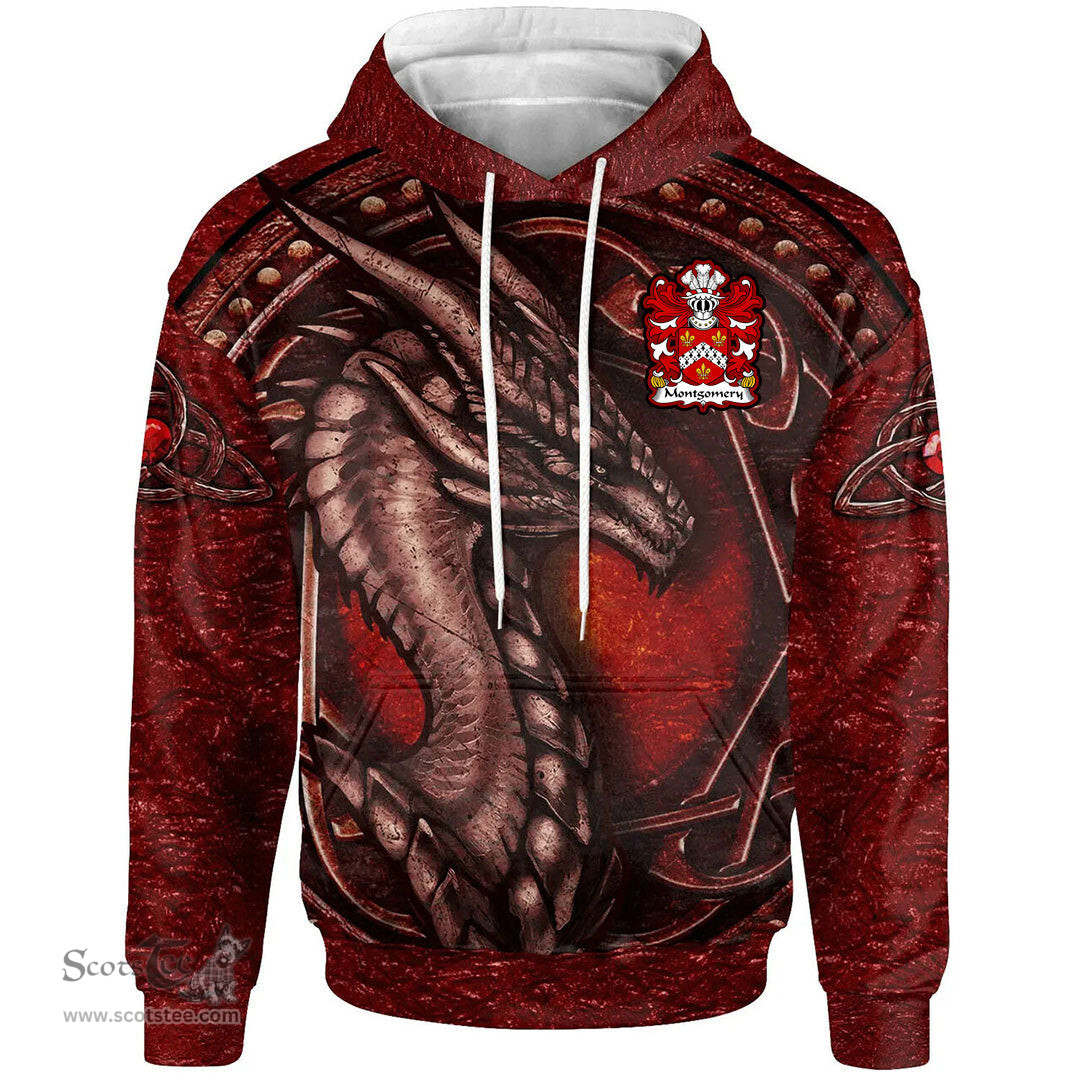 ScotsTee Shop Welsh Montgomery Sir John of Walys Coat of Arms Family Crest Wales Hoodie Celtic Red Dragon With Celtic Knot Hoodie