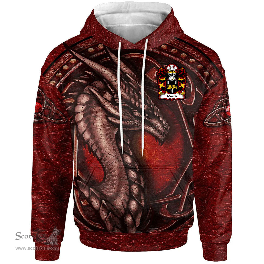 ScotsTee Shop Welsh Morris of Cardiganshire Coat of Arms Family Crest Wales Hoodie Celtic Red Dragon With Celtic Knot Hoodie