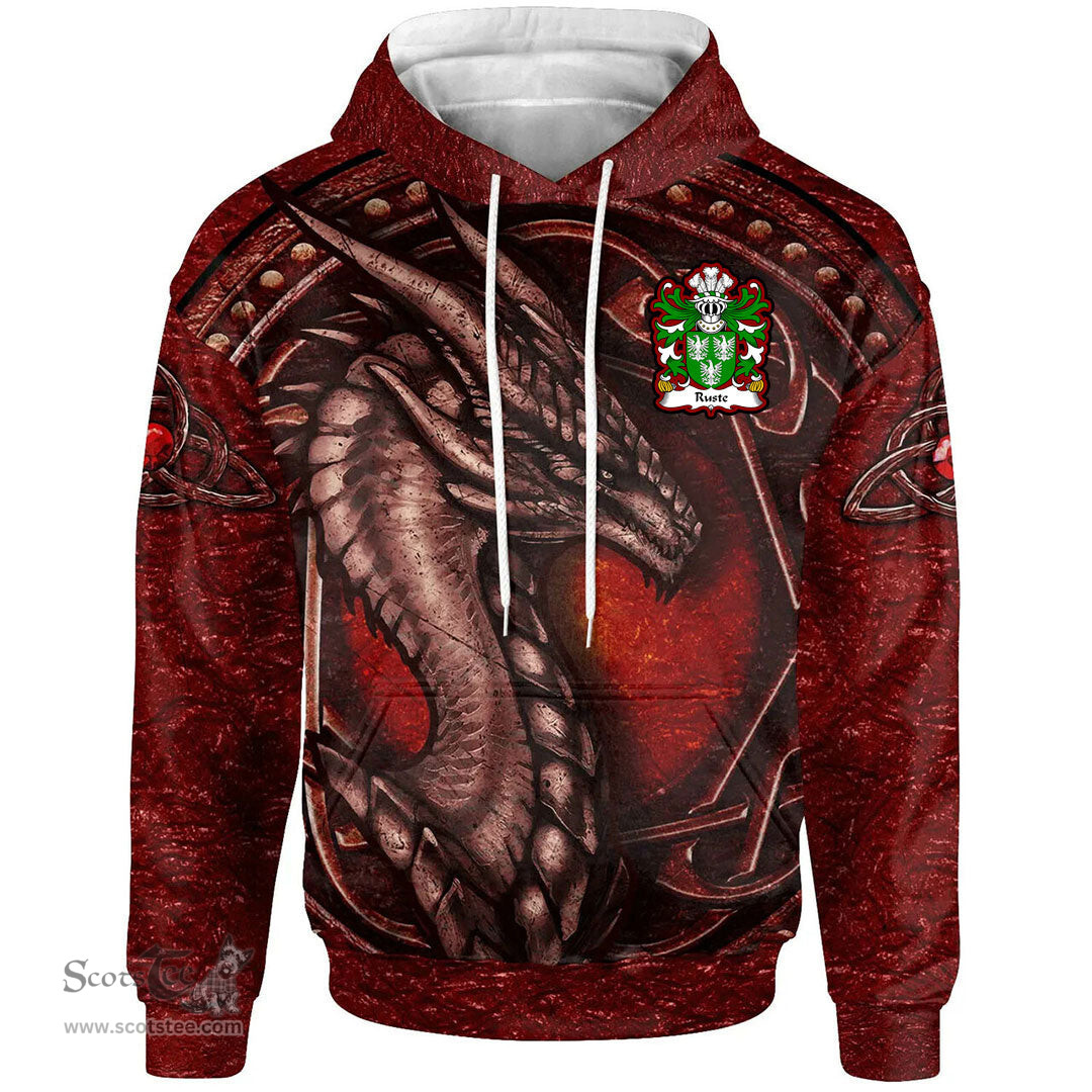ScotsTee Shop Welsh Ruste of Abergwili Carmarthenshire Coat of Arms Family Crest Wales Hoodie Celtic Red Dragon With Celtic Knot Hoodie