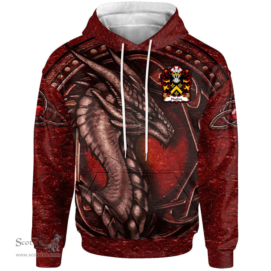 ScotsTee Shop Welsh Hughes of Breconshire Coat of Arms Family Crest Wales Hoodie Celtic Red Dragon With Celtic Knot Hoodie