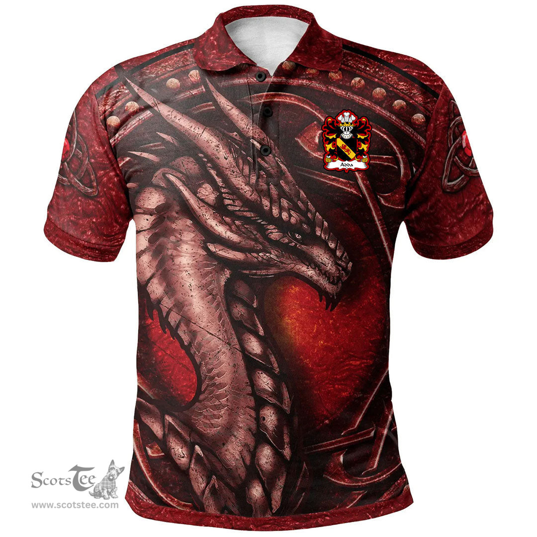 ScotsTee Shop Welsh Adda of Mochnant Coat of Arms Family Crest Wales Polo Shirt Celtic Red Dragon With Celtic Knot Polo Shirt