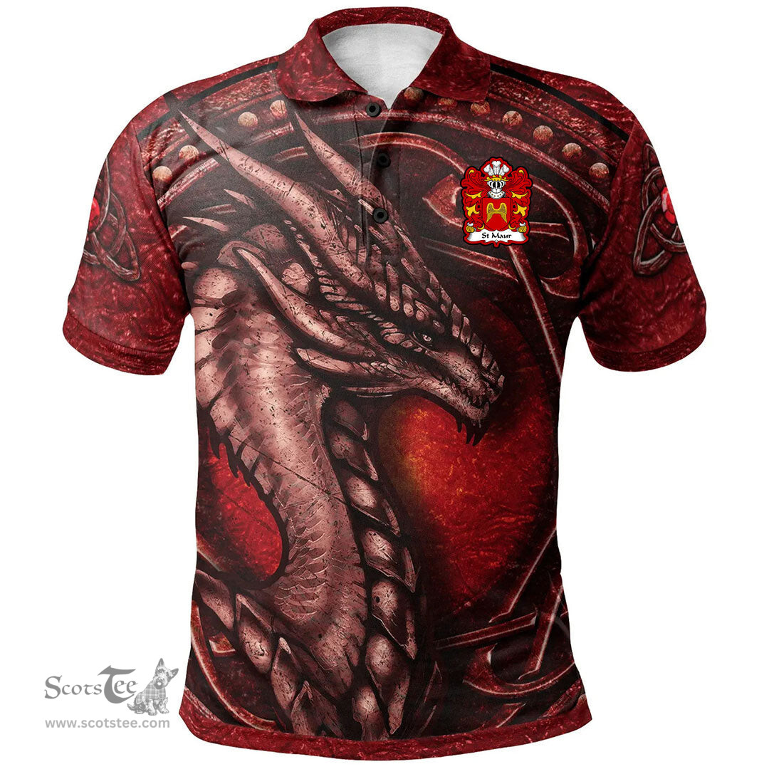 ScotsTee Shop Welsh St Maur SEYMOUR of Penhow Castle Monmouthshire Coat of Arms Family Crest Wales Polo Shirt Celtic Red Dragon With Celtic Knot Polo Shirt