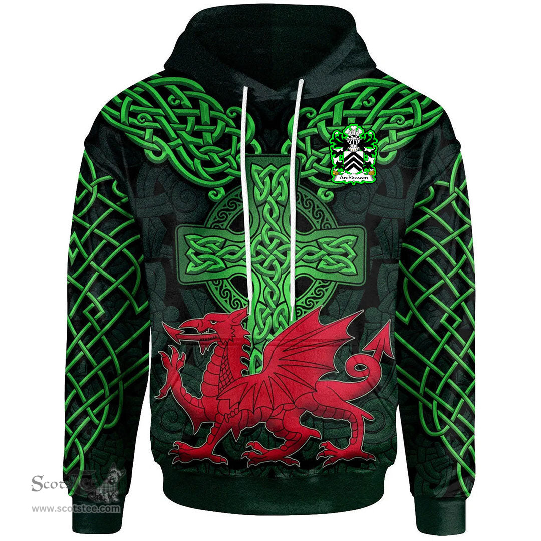 ScotsTee Shop Welsh Archdeacon Coat of Arms Family Crest Wales Hoodie Cymru Dragon With Celtic Cross Green Hoodie