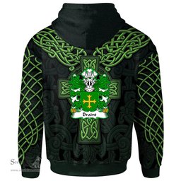 ScotsTee Shop Welsh Braint HIR of Denbighshire Coat of Arms Family Crest Wales Hoodie Cymru Dragon With Celtic Cross Green Hoodie