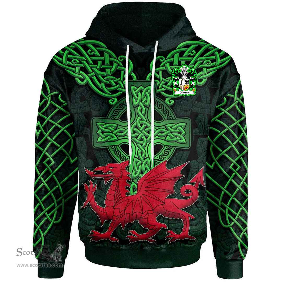 ScotsTee Shop Welsh Gilman Claims descent from Cilmin Troed ddu Coat of Arms Family Crest Wales Hoodie Cymru Dragon With Celtic Cross Green Hoodie