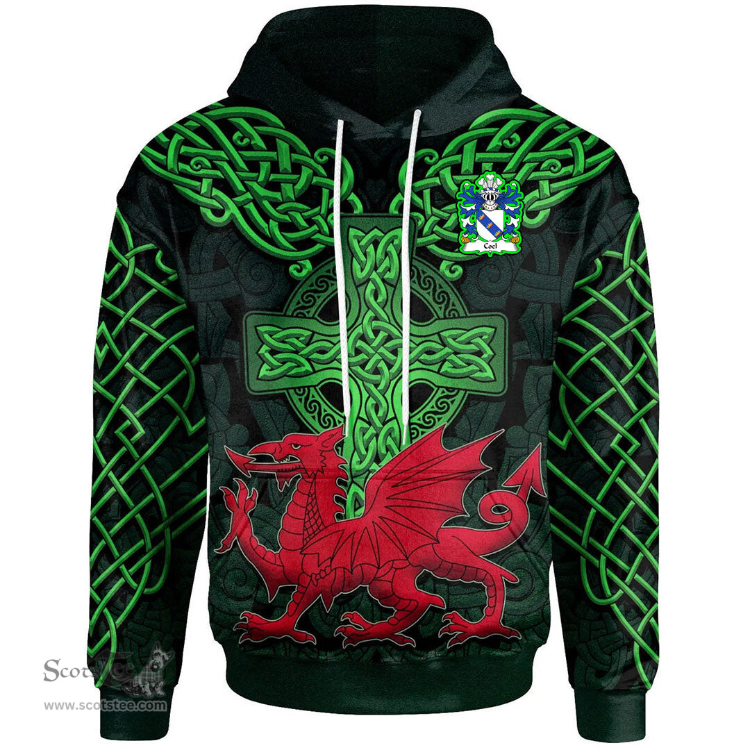 ScotsTee Shop Welsh Coel or Coilus self declared King of Britain Coat of Arms Family Crest Wales Hoodie Cymru Dragon With Celtic Cross Green Hoodie