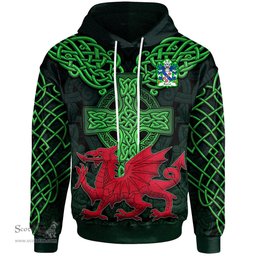 ScotsTee Shop Welsh Barret Coat of Arms Family Crest Wales Hoodie Cymru Dragon With Celtic Cross Green Hoodie